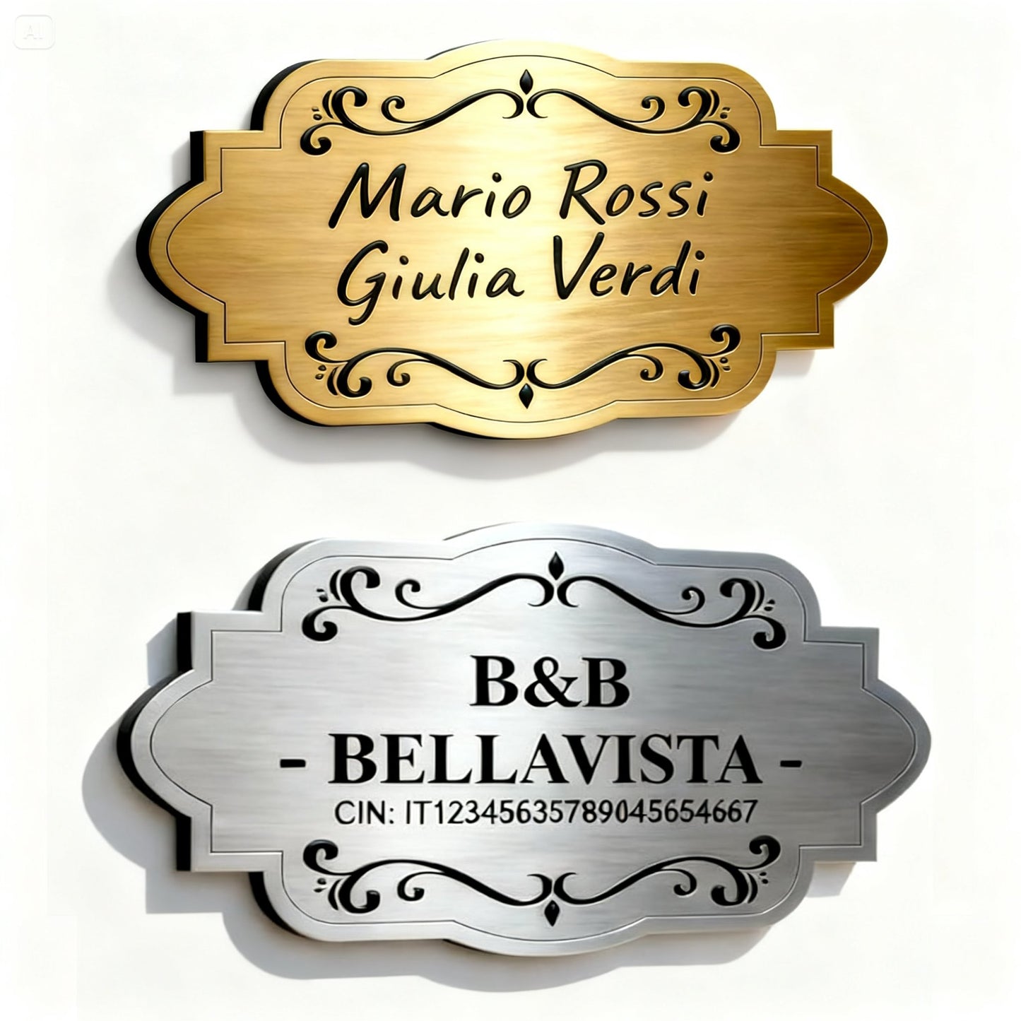 Targa personalizzata finitura oro e argento con esempio nomi e testo B&B con codice CIN — Lo Realizzo®