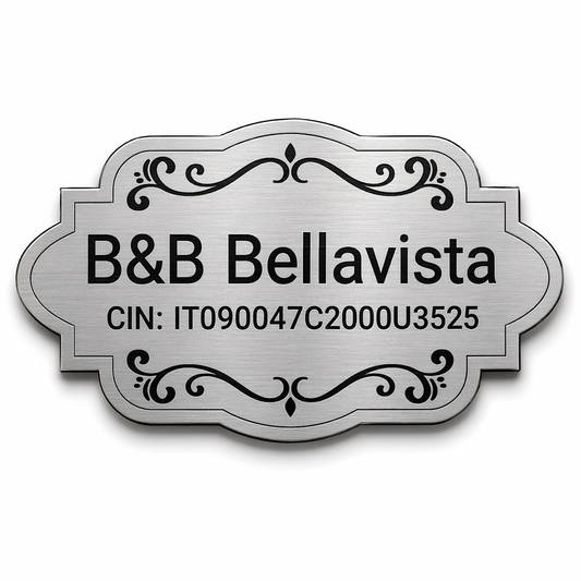 Targa CIN B&B personalizzata argento fondo bianco con nome struttura e codice CIN — Lo Realizzo®
