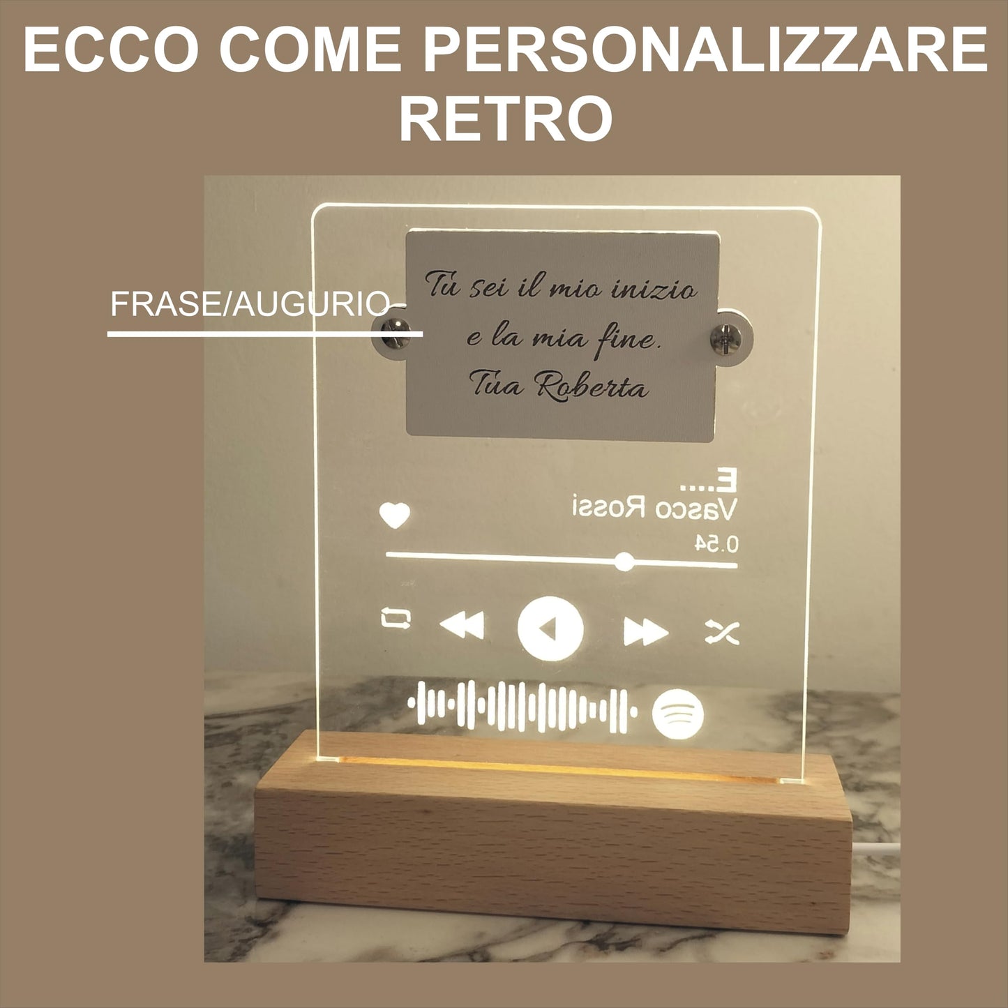Dettaglio incisione laser lampada Spotify personalizzata — Lo Realizzo®