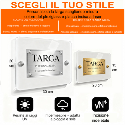 Targa Plexiglass Personalizzata per Esterno – Placca Incisa a Laser Oro o Argento | 20x15 cm o 30x20 cm | Made in Italy – Lo Realizzo®