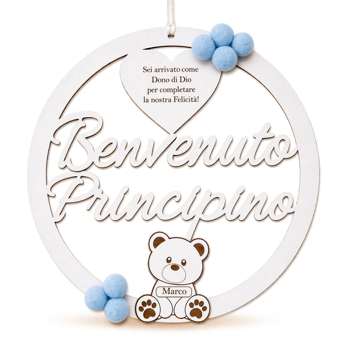 Fiocco nascita personalizzato azzurro per bambino con nome inciso — Lo Realizzo®