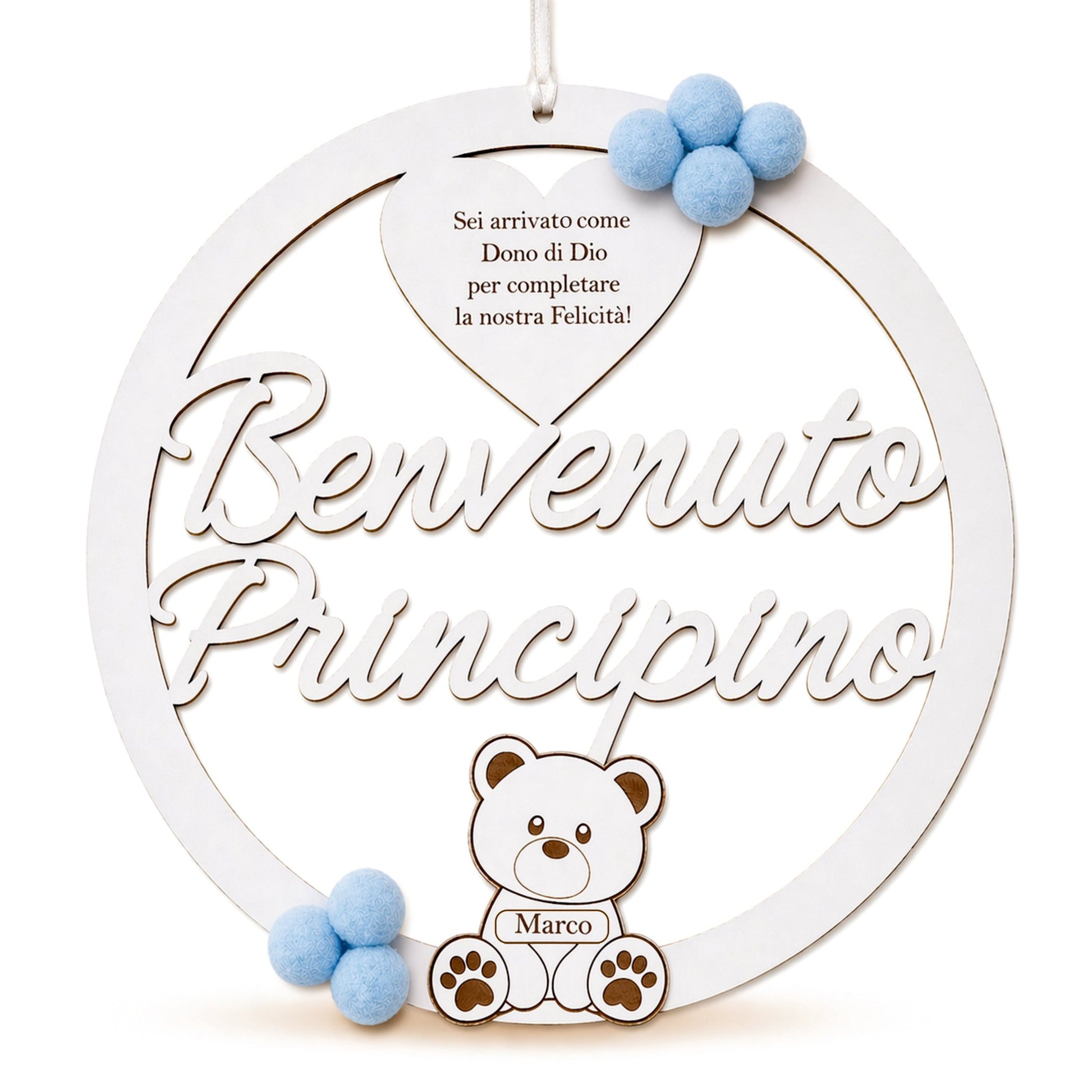 Fiocco nascita personalizzato azzurro per bambino con nome inciso — Lo Realizzo®