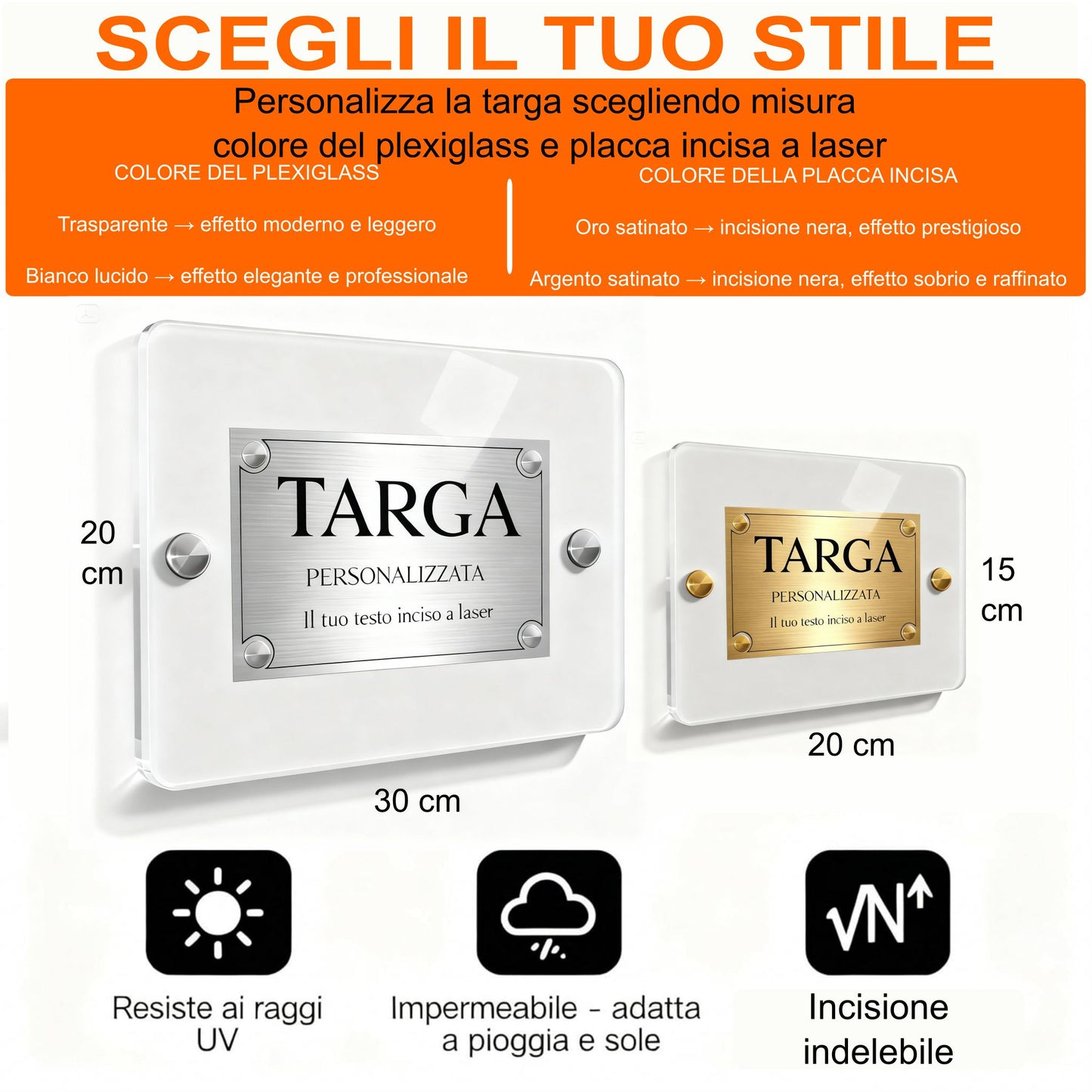 Infografica targa plexiglass personalizzata misure 30x20 e 20x15 cm resistente UV impermeabile incisione indel — Lo Realizzo®