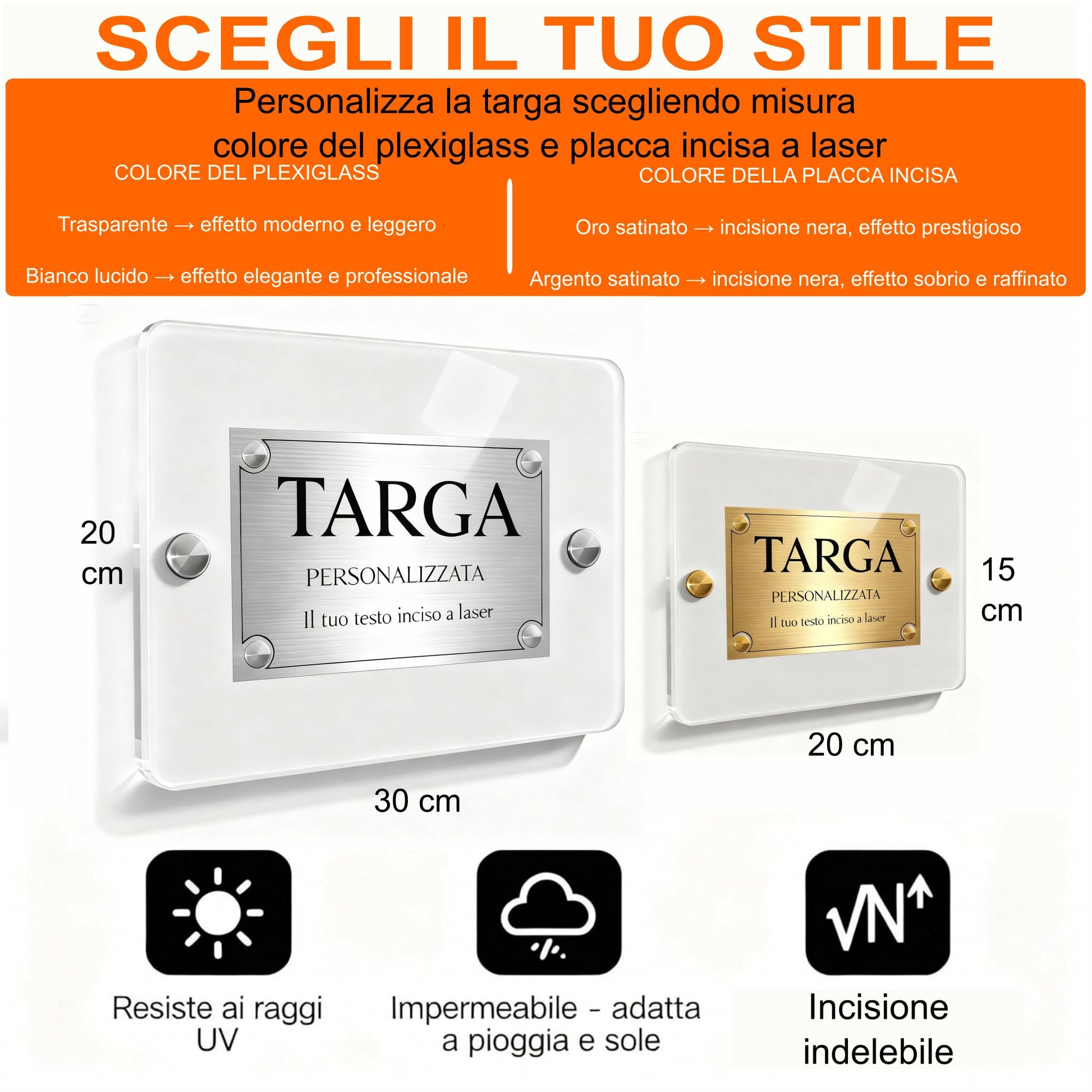 Infografica targa plexiglass personalizzata misure 30x20 e 20x15 cm resistente UV impermeabile incisione indel — Lo Realizzo®