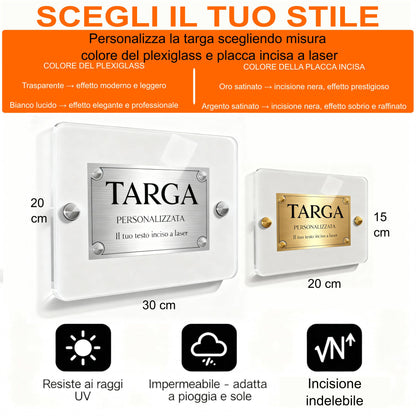 Infografica targa plexiglass personalizzata misure 30x20 e 20x15 cm resistente UV impermeabile incisione indel — Lo Realizzo®