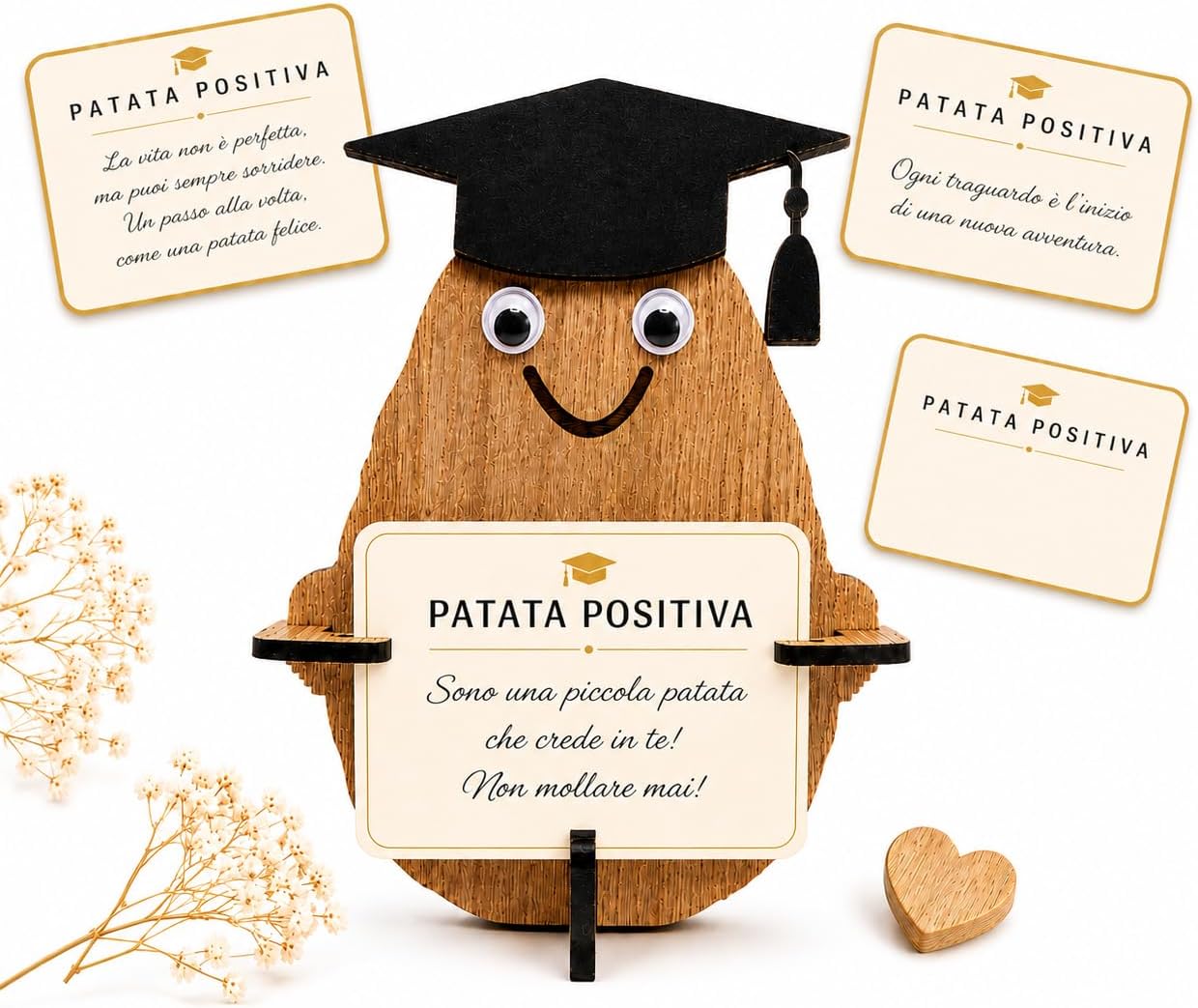 Patata Positiva Laurea in legno con cappello e bigliettini motivazionali - Lo Realizzo