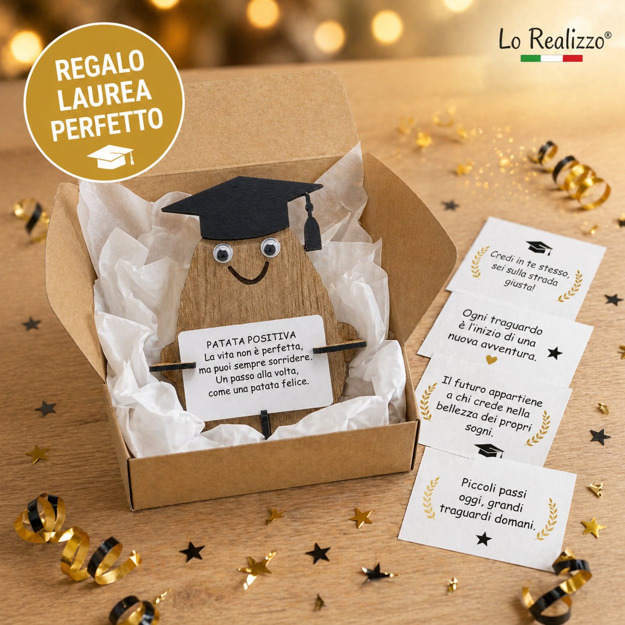 Patata positiva laurea con cappello tocco e nappa incisi legno — Lo Realizzo®