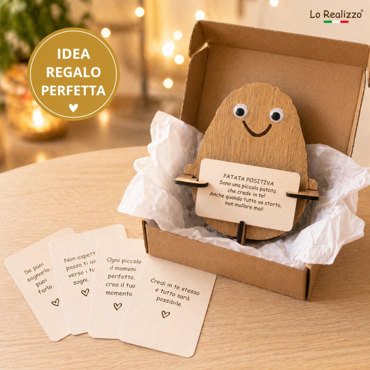 Patata positiva legno con bigliettino motivazionale incluso — Lo Realizzo®