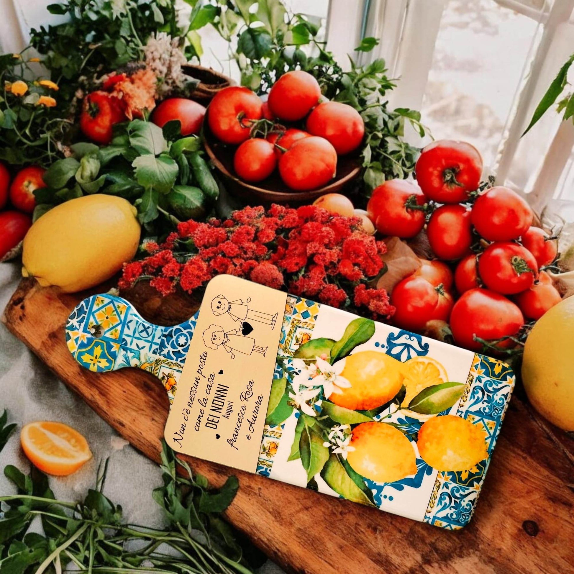 Tagliere ceramica personalizzato nonni dettaglio decorazione limoni — Lo Realizzo®