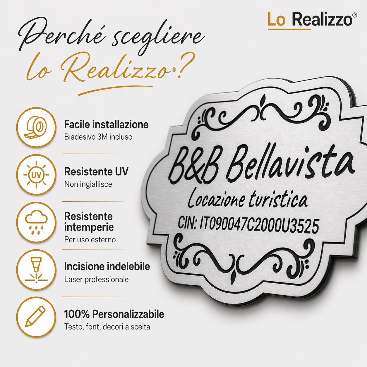 Targa CIN B&B biadesivo 3M incluso resistente UV e intemperie incisione indelebile — Lo Realizzo®