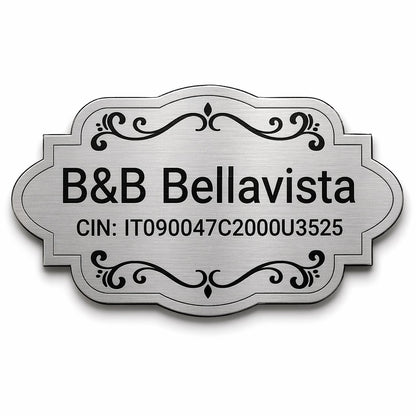 Targa CIN B&B personalizzata argento fondo bianco con nome struttura e codice CIN — Lo Realizzo®
