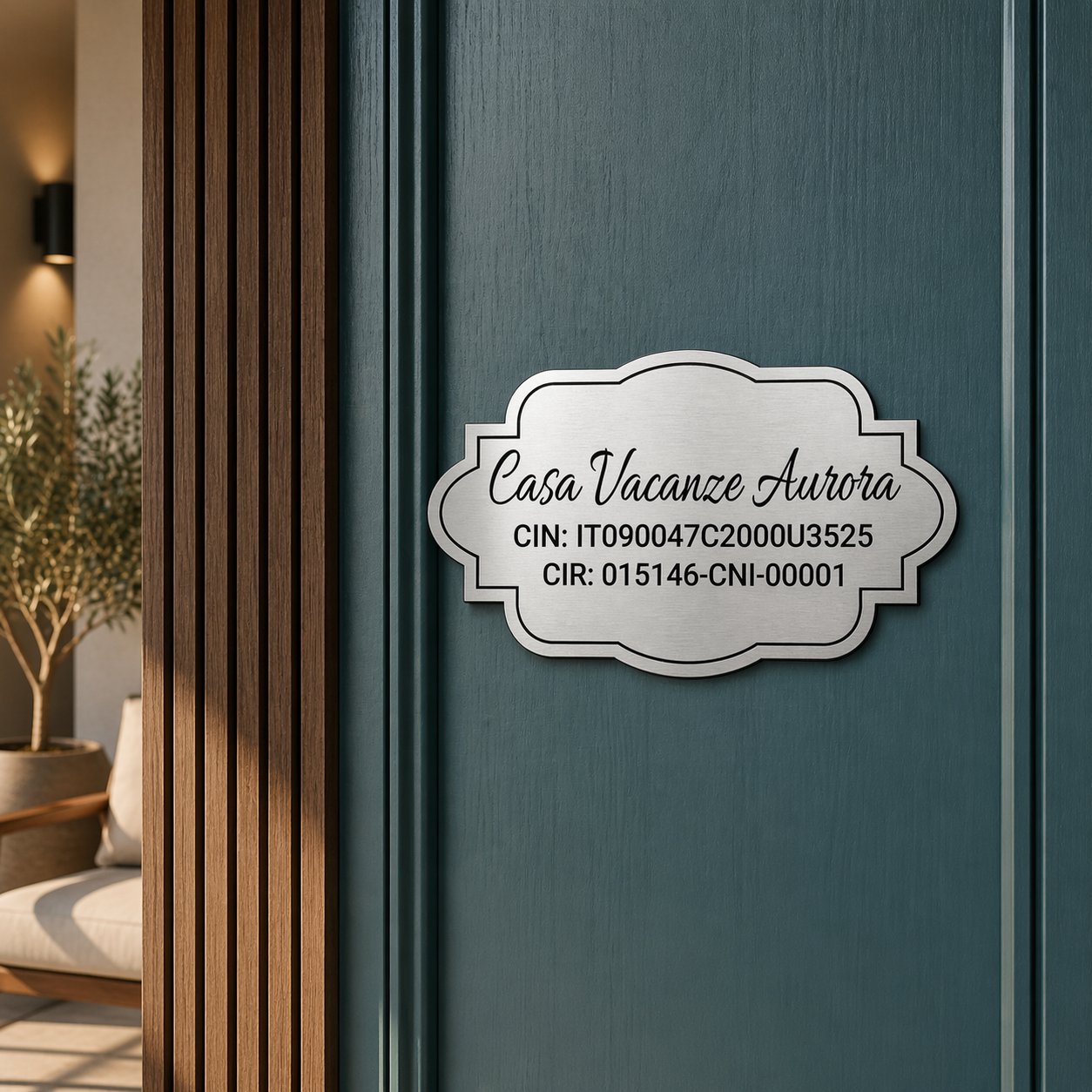 Targa CIN personalizzata argento su porta ingresso casa vacanze con codice CIN e CIR — Lo Realizzo®