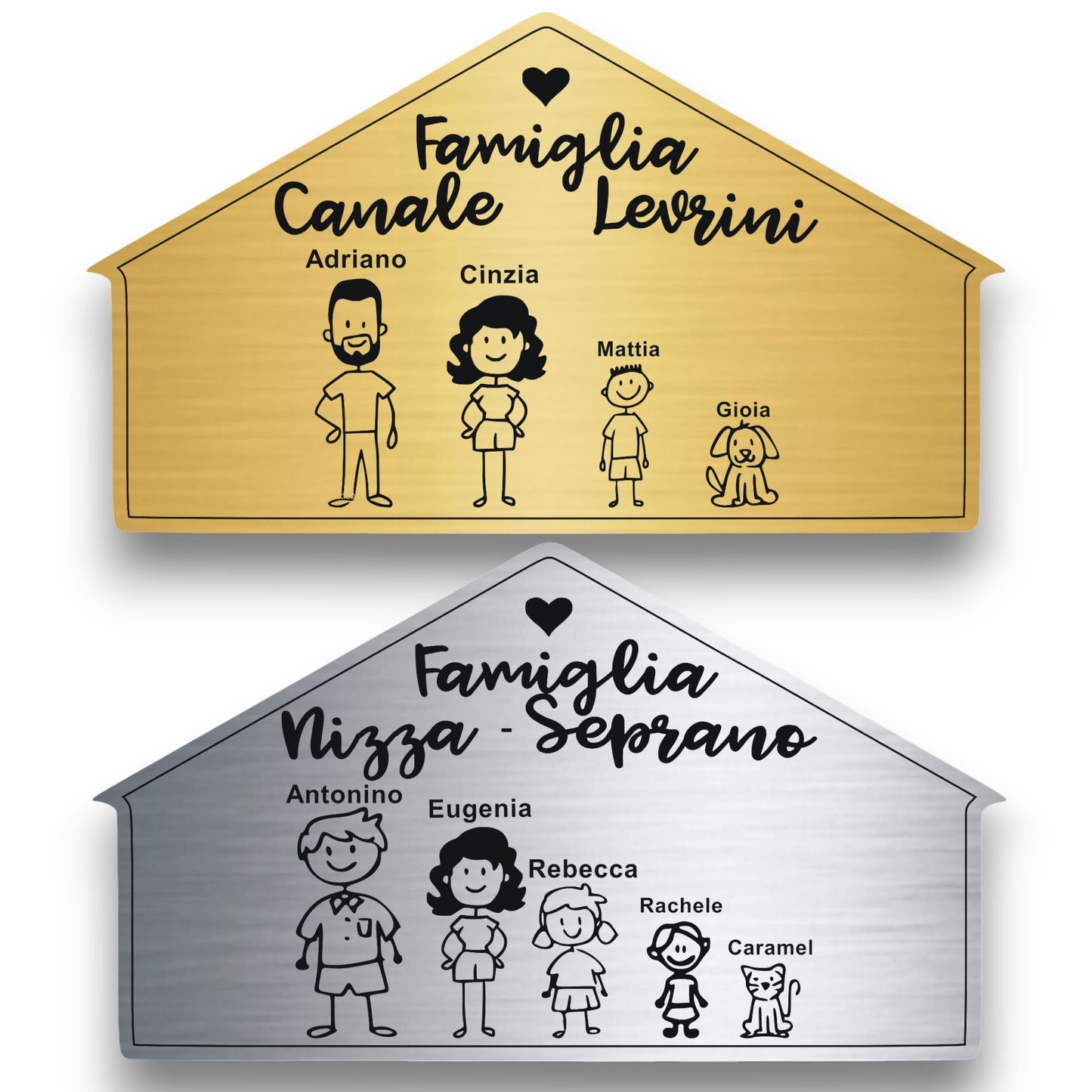 Targa famiglia a forma di casetta personalizzata con omini oro e argento con nomi e animali domestici — Lo Realizzo®