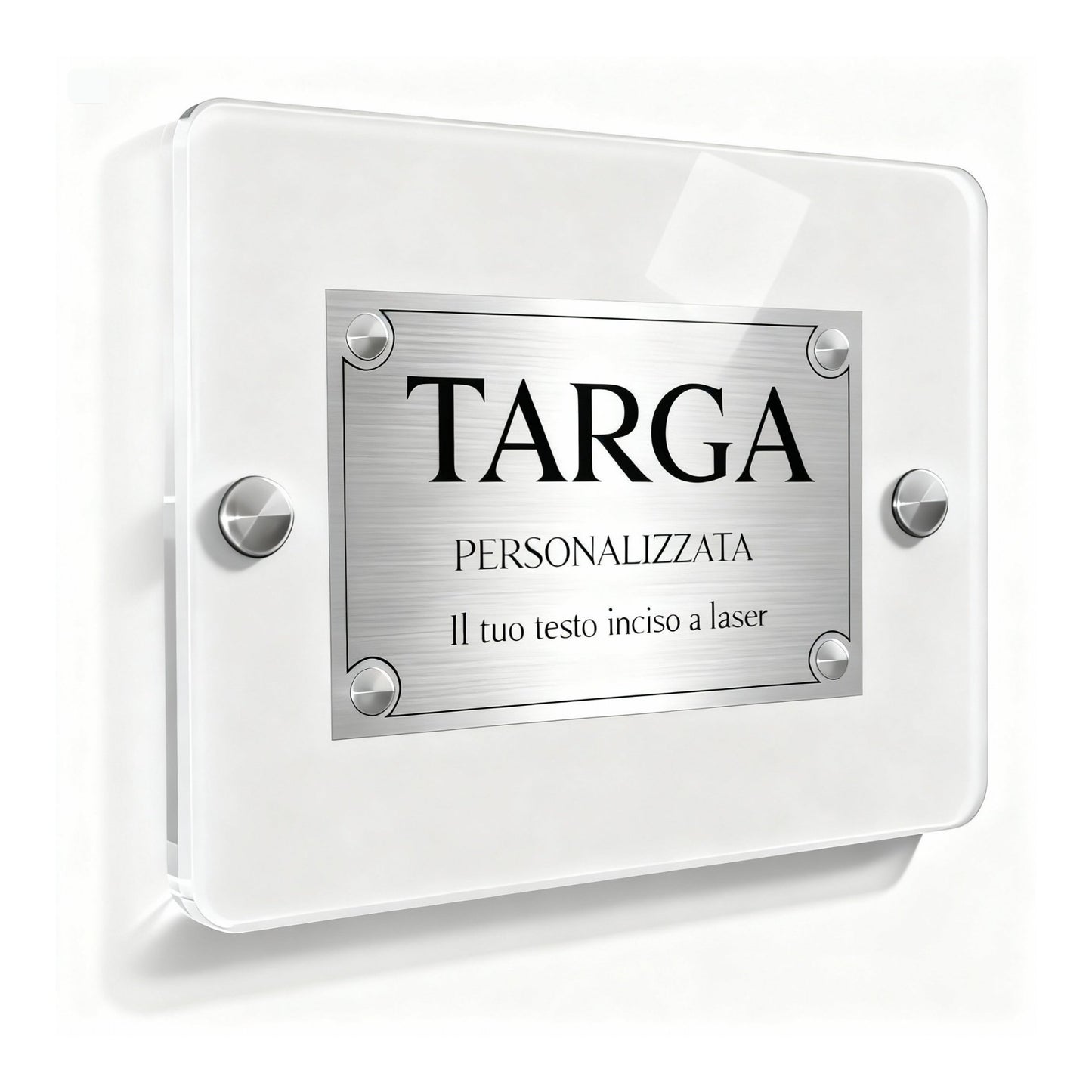 Targa plexiglass personalizzata finitura argento con distanziali e incisione laser — Lo Realizzo®