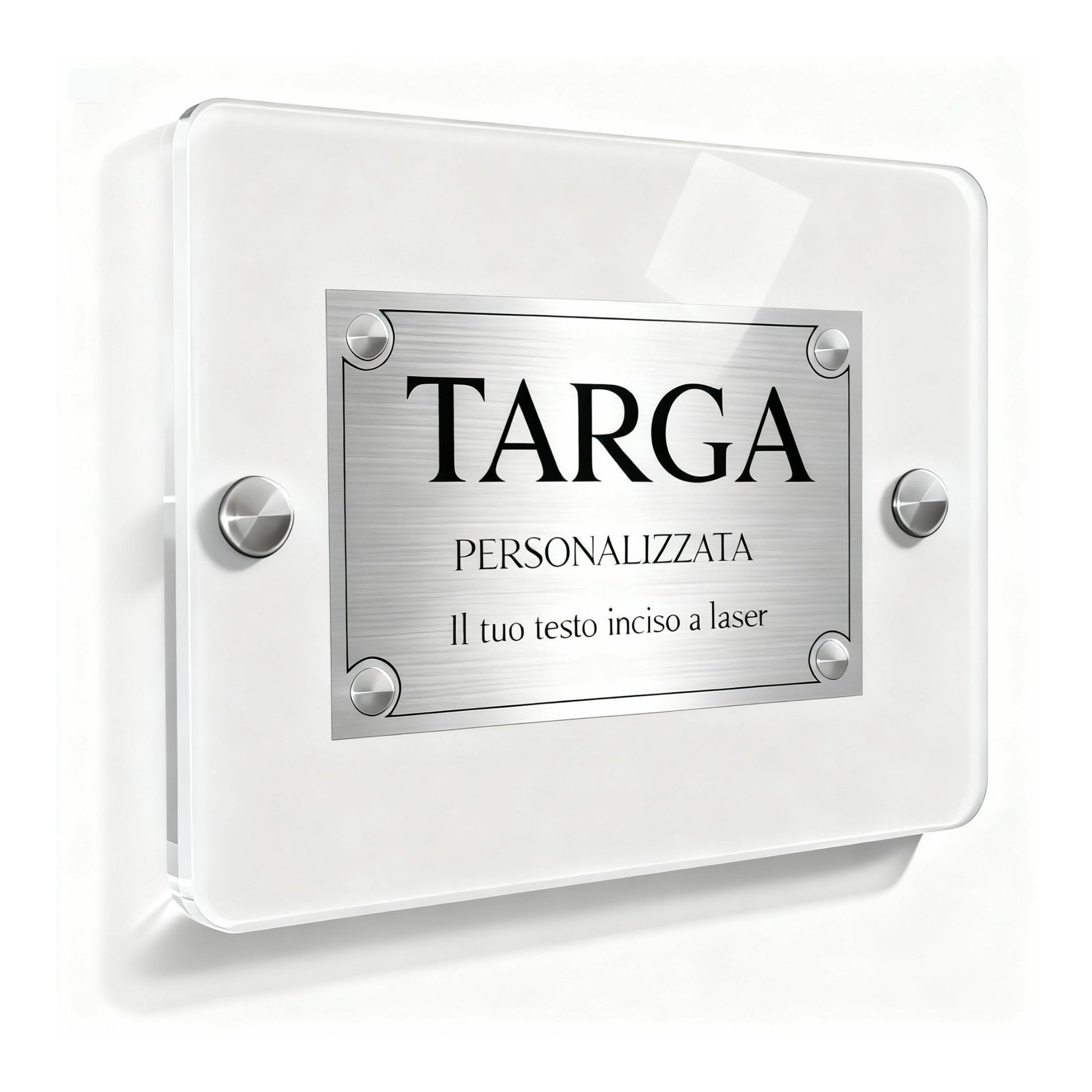 Targa plexiglass personalizzata finitura argento con distanziali e incisione laser — Lo Realizzo®