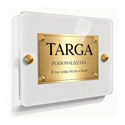 Targa plexiglass personalizzata con incisione laser oro e distanziali dorati — Lo Realizzo®