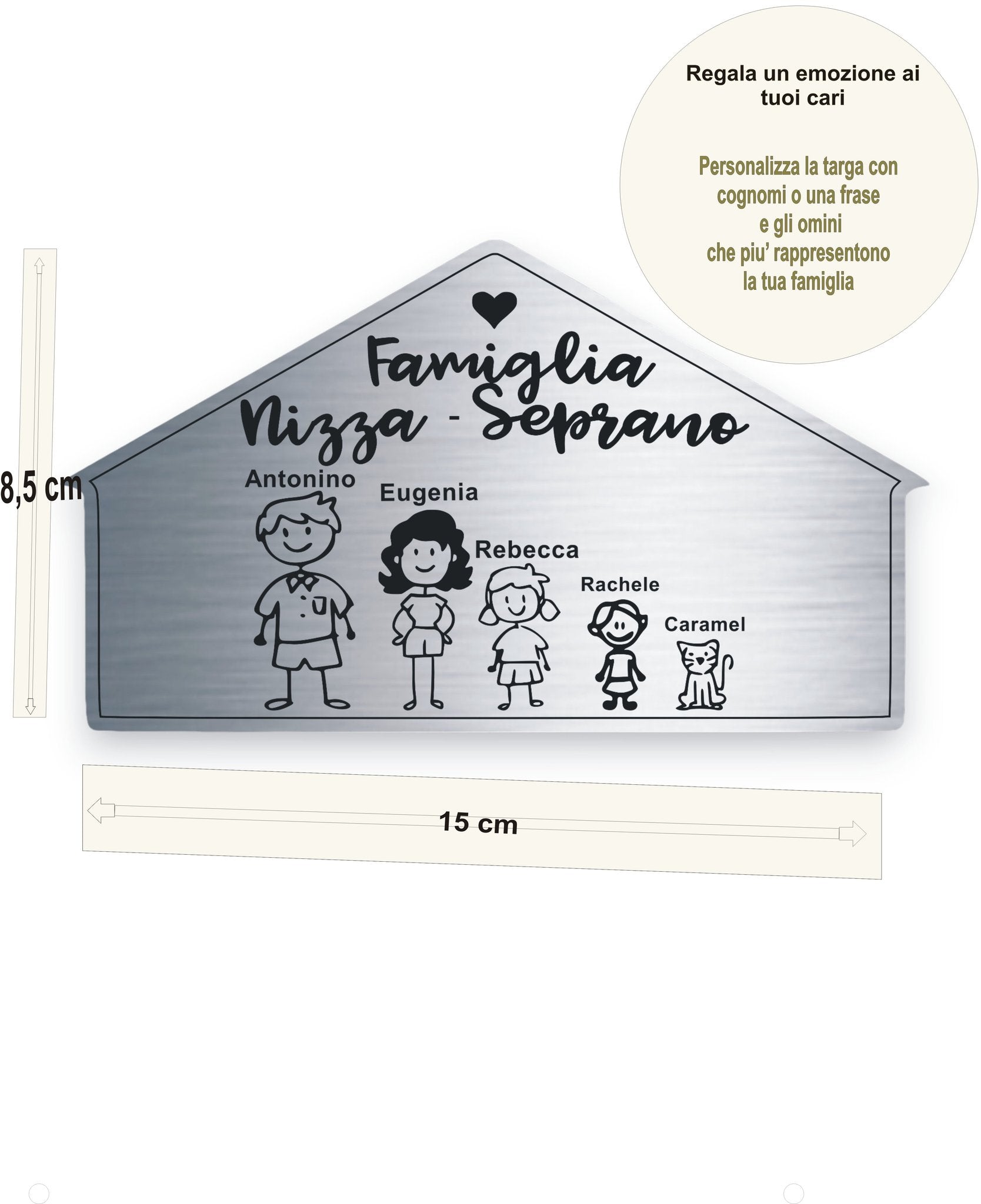 Targhetta famiglia casetta argento personalizzata con omini e animale misura 15x8,5 cm idea regalo — Lo Realizzo®