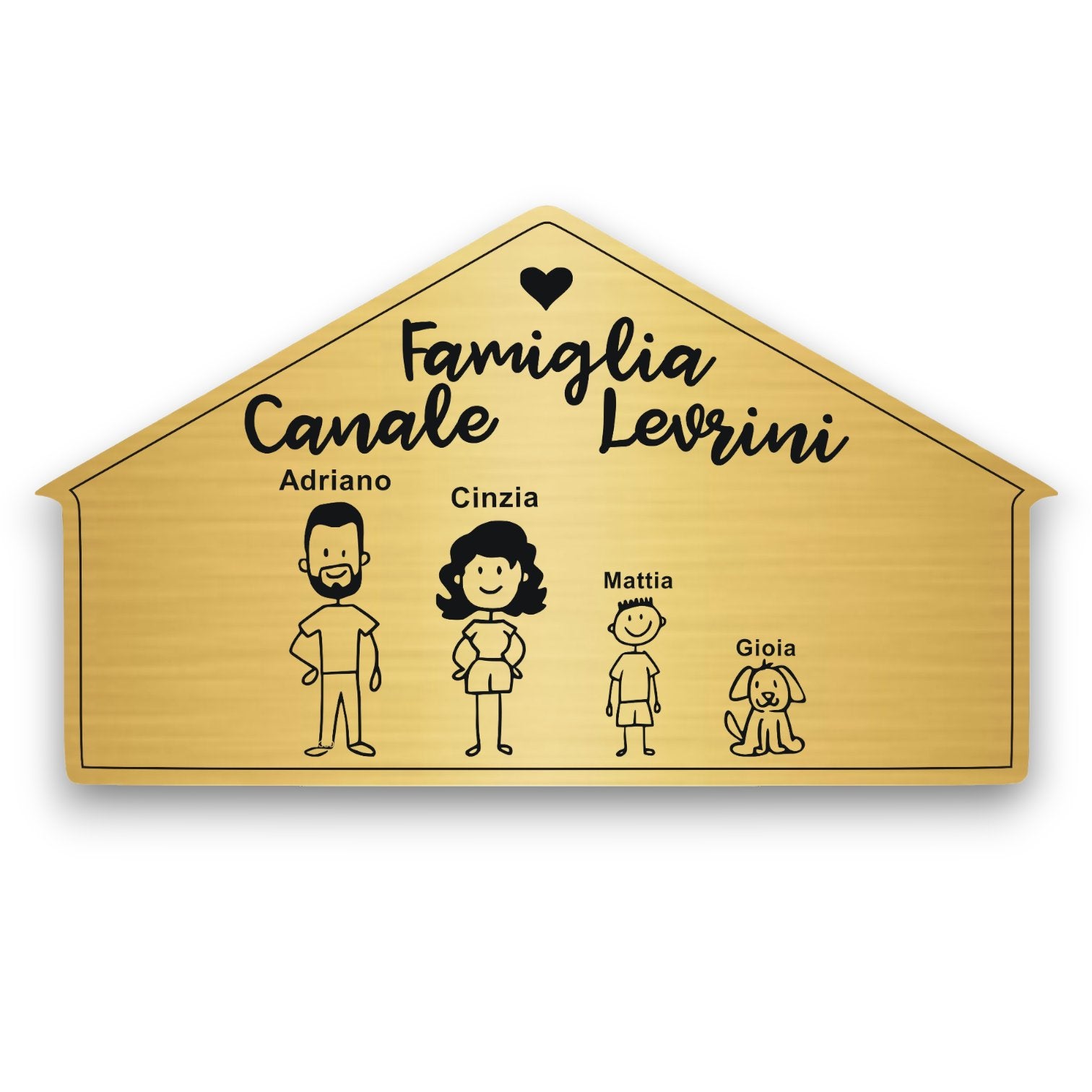 Targhetta fuori porta casetta oro personalizzata con nomi famiglia e cane incisi — Lo Realizzo®